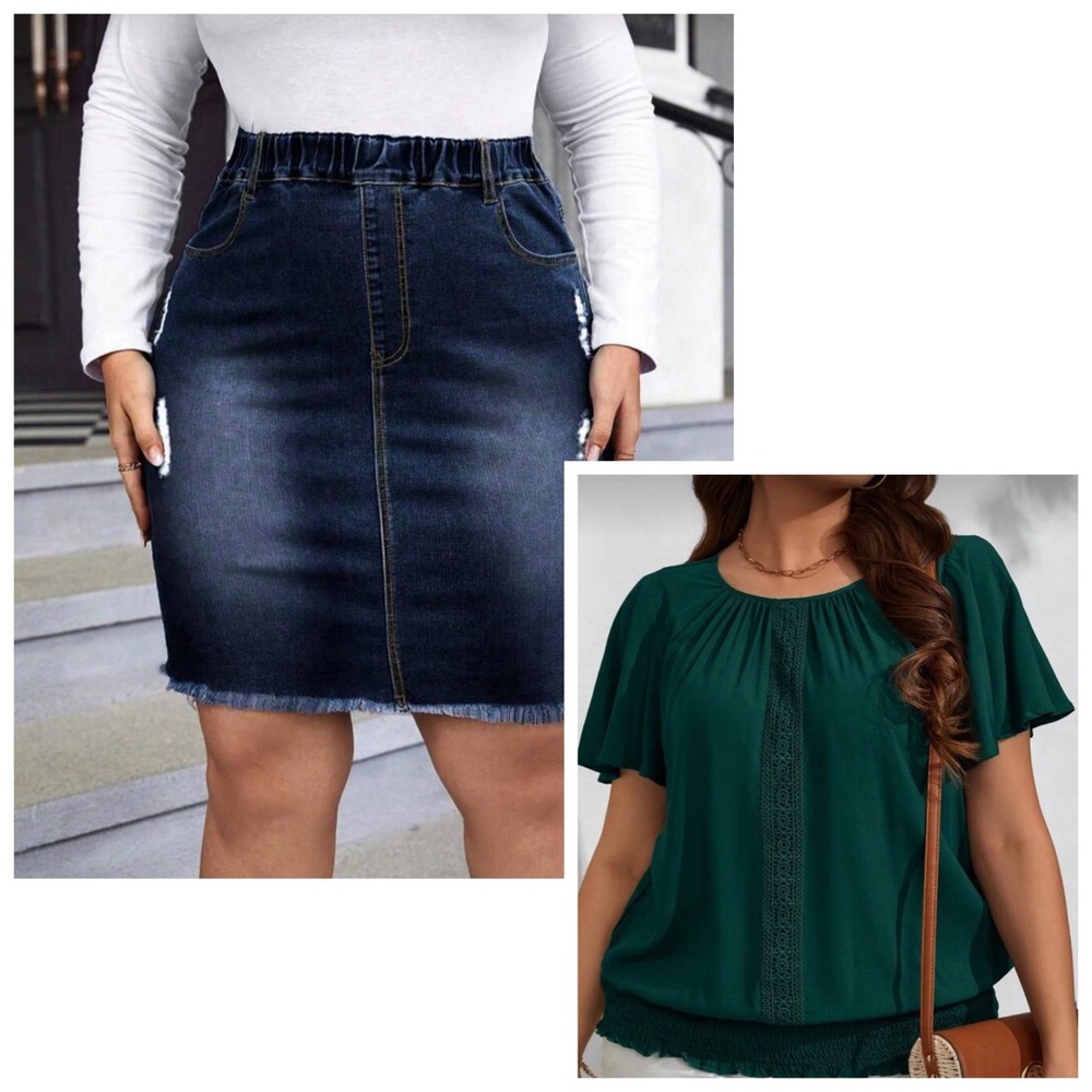 Brand New, Blue Denim Skirt with Green Short Sleeve Blouse (Both size 14)